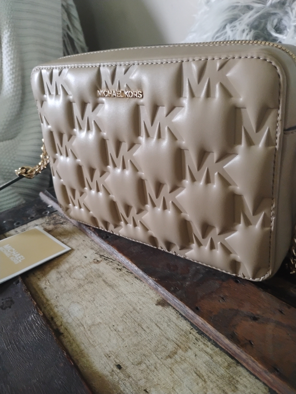 Michael Kors Taupe Embossed MK Crossbody Bag NWT